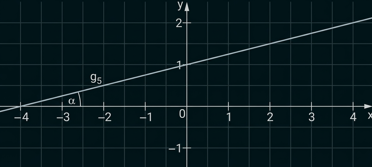 Koordinatensystem mit der Geraden g₅ und dem markierten Steigungswinkel α.